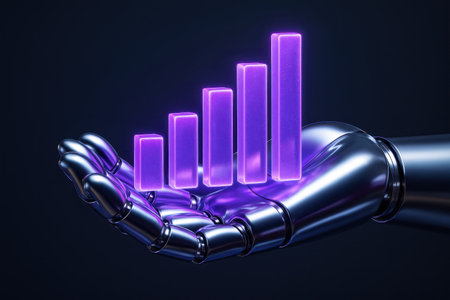 Metallic silver robotic hand with visible joints holding a glowing purple translucent bar chart, symbolizing data analysis, financial growth, and technological advancement in business.の素材