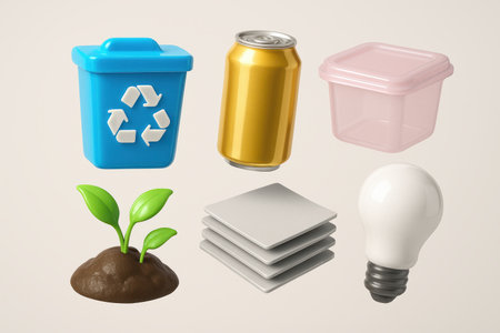 Blue recycling bin, golden aluminum can, pink plastic container, green plant, paper stack, and white light bulb. concepts of environmental protection, waste reduction, and sustainable living.の素材