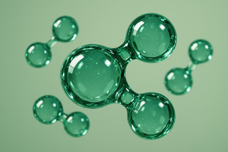 Abstract green molecules resembling water, interconnected spheres with glossy, translucent material floating on a light green background. represents science, biology, chemistry, and clean energy concepts.の素材