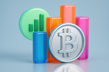 Silver bitcoin coin stands prominently before a dynamic arrangement of colorful vertical bar charts, symbolizing cryptocurrency market growth, financial investment, and digital currency trends.の素材