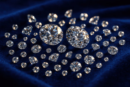 Sparkling brilliant cut diamonds scattered across a deep royal blue plush velvet fabric, showcasing luxury, wealth, and elegance. precious gemstones reflecting light, perfect for jewelry concepts.の素材