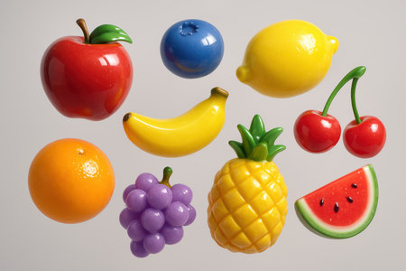 Vibrant collection of glossy, stylized fruits, red apple, yellow banana, blue blueberry, lemon, red cherries, orange, purple grapes, pineapple, and watermelon slice. fresh, healthy, sweet food concept.の素材