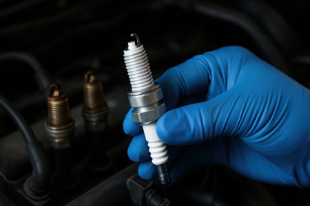 Mechanic hand in a blue latex glove holds a new spark plug, ready for installation in a car engine. old spark plugs are visible in the background, symbolizing replacement and automotive service.の素材