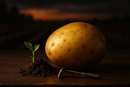 Fresh potato and a vibrant green sprout growing from dark soil, symbolizing new life, agriculture, and organic growth. a small hammer lies on the rustic wooden surface.の素材
