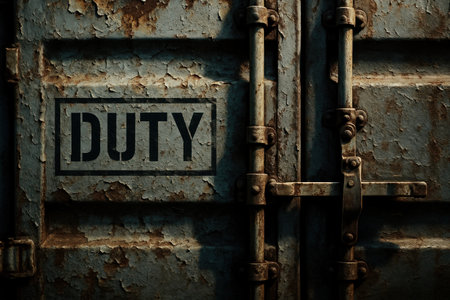Heavily weathered and peeling painted metal cargo container door with a prominent DUTY stencil. the rusty texture and robust locking mechanism suggest industrial use and security.の素材