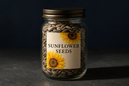 Shelled sunflower seeds in a transparent glass jar, featuring a label with bright yellow sunflower illustrations and SUNFLOWER SEEDS text, on a dark surface.の素材