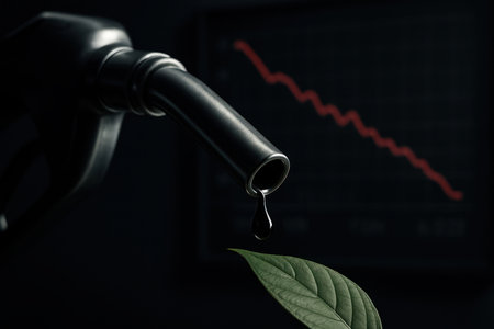 Fuel pump nozzle with a single drop of crude oil falling onto a vibrant green leaf, symbolizing environmental concerns and the impact of fossil fuels. a red declining graph is visible in the dark background.の素材