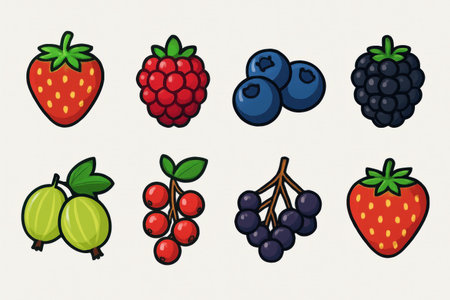 Collection of vibrant cartoon berry icons including strawberry, raspberry, blueberry, blackberry, gooseberry, red currant, and elderberry. fresh, healthy, and sweet fruit symbols for design.の素材