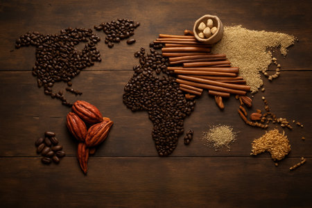 Global map made from coffee beans, cocoa pods, cinnamon sticks, and various grains on a dark wooden surface. represents international trade, fair commerce, and sustainable agriculture.の素材