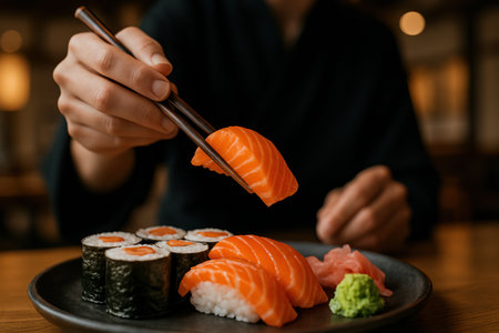 Hand holding chopsticks picking up a piece of fresh salmon nigiri from a plate with maki rolls, wasabi, and pickled ginger. traditional japanese cuisine.の素材