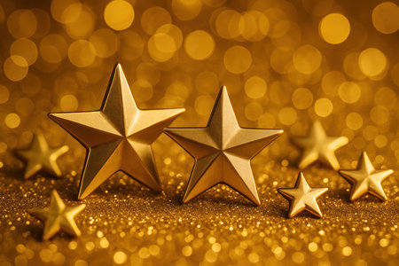 Metallic gold stars of various sizes on a shimmering glitter surface with blurred golden bokeh lights. perfect for celebration, award, and luxury concepts.の素材