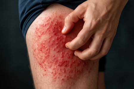 Man upper leg covered in a severe red rash with raised bumps and inflammation, being scratched by a hand. highlights skin irritation, allergy, and dermatological condition.の素材