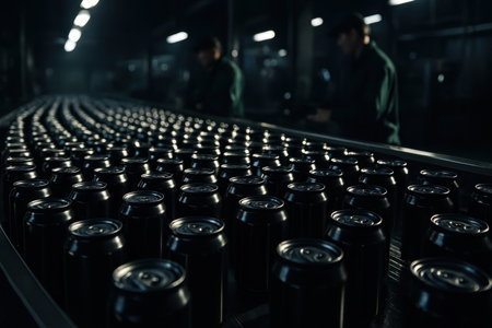 Glossy black aluminum cans move along a dark metallic conveyor belt in a dimly lit industrial factory. mass production and automation process for beverage or food packaging.の素材