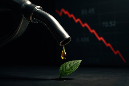 Oil drop from a fuel nozzle falls onto a green leaf, representing environmental impact, energy crisis, and the shift to sustainable solutions with a declining market graph.の素材