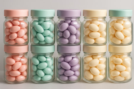 Glossy oval candies in pastel shades of pink, green, purple, and yellow, neatly arranged in clear glass jars with matching lids, stacked in two rows.の素材