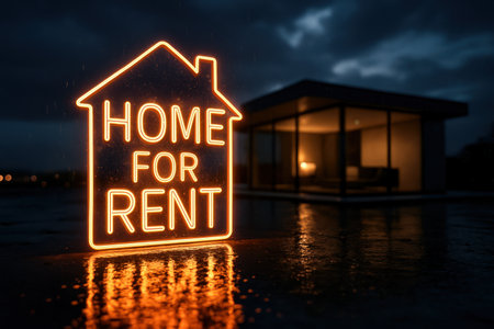 Bright orange neon sign shaped like a house with HOME FOR RENT text, reflecting on a wet ground at night. a modern house with illuminated interior is blurred in the background.の素材