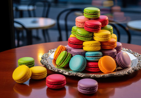 Colorful macarons stacked high on an elegant silver tray, with several scattered on a polished wooden table. dessert scene in a cafe setting.の素材