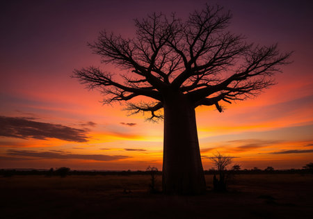 Majestic baobab tree silhouette stands tall against a dramatic, colorful sunset sky with vibrant orange, red, and purple hues over an african landscape, symbolizing resilience and natural beauty.の素材