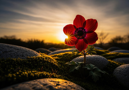 Vibrant red anemone flower stands amidst mossy stones, dramatically backlit by golden hour sunset, creating a radiant sunburst effect.の素材