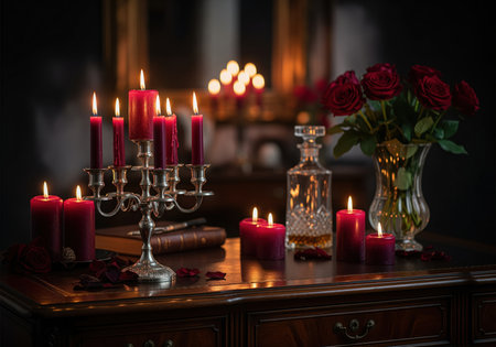 Burning burgundy pillar candles in an antique silver candelabra, accompanied by a bouquet of red roses, a glass decanter, and old books on a dark wooden table.の素材