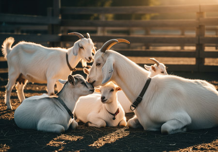 White goats and their young kids resting together on a farm at sunset, bathed in warm golden light. depicts a peaceful rural scene with domestic animals, showcasing family bonds.の素材
