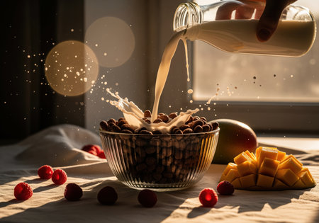 Fresh milk being poured from a bottle into a glass bowl filled with chocolate puff cereal, creating an energetic splash. delicious raspberries and diced mango are arranged on a light tablecloth, highlighting a healthy and vibrant breakfast scene.の素材