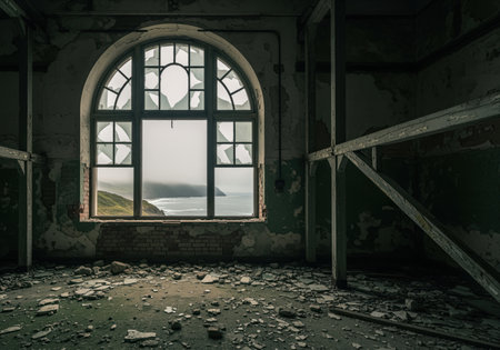 Derelict industrial building interior with crumbling walls, debris on the floor, and a large arched window with broken glass. a misty coastal landscape with sea and green hills is visible through the window, evoking decay and abandonment.の素材