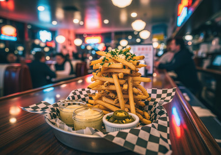 Golden brown truffle fries piled high in a metal basket with checkered paper, served with creamy dipping sauces and sliced jalapeÃ±os on a wooden bar counter in a bustling retro diner.の素材