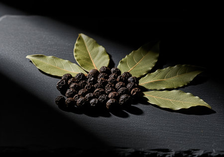 Whole black peppercorns clustered with dried bay leaves on a dark, textured slate surface, illuminated by dramatic low key lighting. essential cooking ingredients and aromatic spices for culinary use.の素材