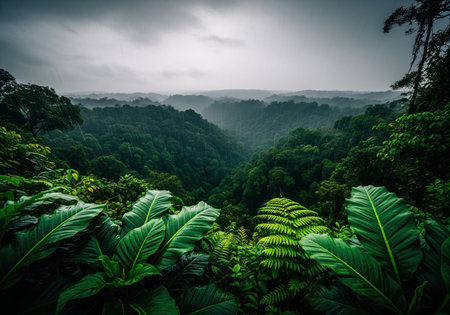 Vast, dense rainforest canopy stretching across a valley, viewed from above. lush green foliage dominates the foreground, with distant trees shrouded in mist and light rain under a cloudy sky. a natural, wild jungle landscape.の素材