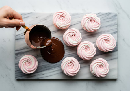 Gourmet pink and white swirl marshmallows arranged on a marble board, with a hand pouring rich melted chocolate from a copper pot. sweet dessert preparation.の素材