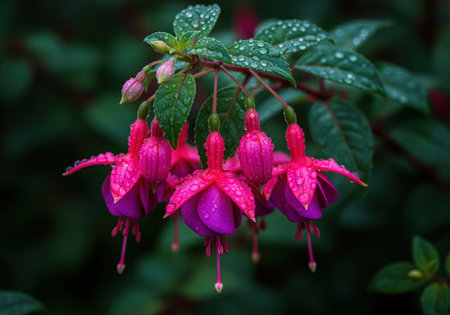 Cluster of vibrant magenta and purple fuchsia flowers covered in glistening water droplets, surrounded by lush green leaves. botanical beauty in a natural garden setting.の素材