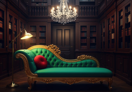 Emerald green silk chaise lounge with intricate gold leaf carvings, adorned with a red pillow, illuminated by a floor lamp, set in a luxurious dark wood library with bookshelves and a crystal chandelier.の素材