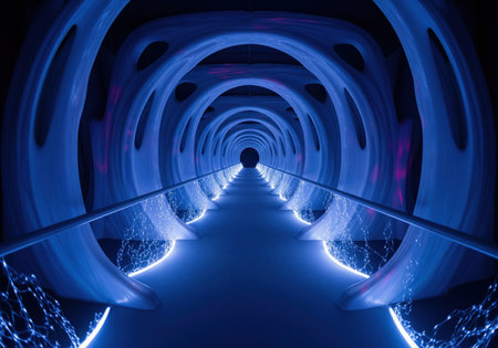 Futuristic blue tunnel with glowing digital network patterns along the pathway, creating an immersive, abstract, and high tech environment. represents data, connection, and advanced technology.の素材