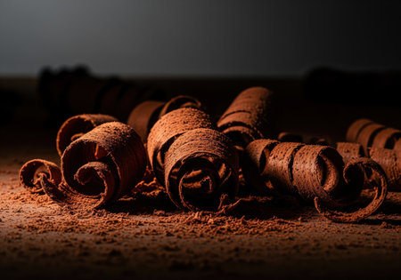 Dark chocolate curls and cocoa powder scattered on a surface, highlighted by dramatic low key lighting. rich texture and delicious dessert ingredient.の素材