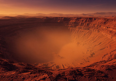 Colossal ancient caldera on a mars like alien planet surface, featuring dramatic red rock formations and a vast, dusty crater. evokes exploration, space, and geology.の素材