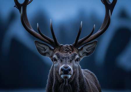 Close up portrait of a majestic red deer stag with large antlers, captured during the deep blue hour. its fur shows traces of frost or dew, highlighting the cold, dramatic atmosphere of the wild.の素材