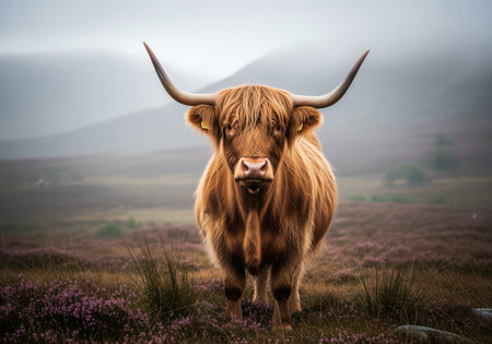 Majestic highland cow with shaggy reddish brown coat and long horns stands in a misty, heather filled field. symbolizes scottish wilderness, resilience, and natural beauty. ideal for themes of nature, agriculture, and travel.の素材