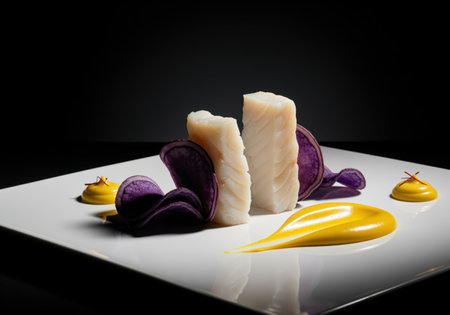 White fish fillets arranged with crisp purple potato chips and vibrant yellow sauce. modern culinary presentation on a sleek white plate, emphasizing fine dining and gourmet cuisine.の素材