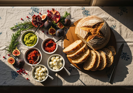 Overhead view of a gourmet brunch spread featuring sourdough bread, various dips like guacamole and salsa, fresh figs, pomegranates, and rosemary on a vintage tablecloth.の素材