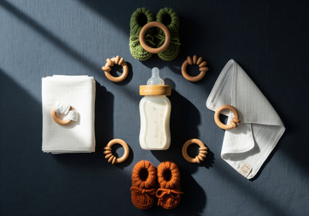 Organic baby accessories flat lay featuring a milk bottle, knitted booties, wooden teethers, and muslin cloths on a dark gray background with natural light and shadow.の素材