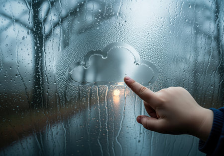 Child hand draws a cloud on a window covered in condensation and raindrops. blurred outdoor background with trees and a warm light.の素材
