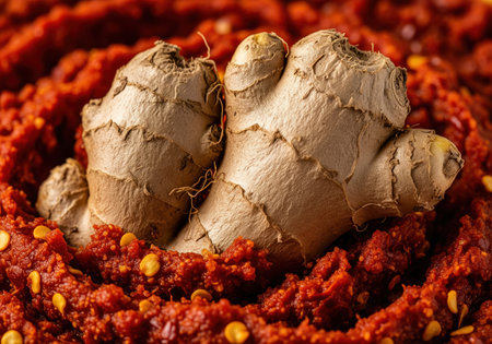 Knobby, gnarled raw ginger root with earthy texture, partially submerged in a vibrant red chili paste with visible flakes and seeds. spicy and fresh ingredient for cooking.の素材