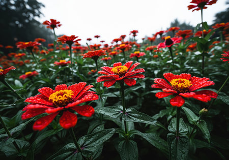 Vibrant red zinnia flowers with bright yellow centers, densely covered in glistening water droplets after a recent rain, growing in a lush green garden.の素材