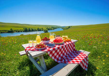 Wooden picnic table covered with a red and white checkered tablecloth, laden with fresh strawberries, blueberries, watermelon, and lemonade, set in a vibrant green field with wildflowers, a winding river, and rolling hills under a clear blue sky.の素材