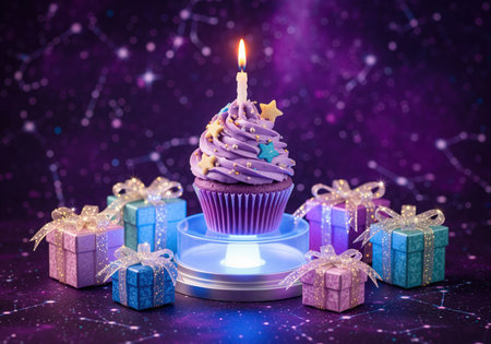 Lavender birthday cupcake with lit candle, star sprinkles, and gold beads, surrounded by colorful gift boxes with glittery ribbons on a magical galaxy background.の素材
