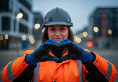 Female construction worker wearing a hard hat and high visibility orange jacket, forming a heart shape with blue gloved hands. symbolizes safety, care, and dedication in the workplace.の素材