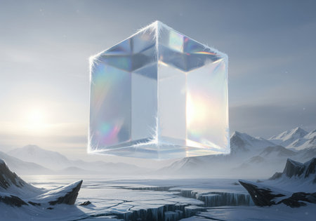 Iridescent crystal cube floats above a vast frozen tundra. snowy mountains and cracked ice dominate the cold winter landscape under a bright sky, suggesting mystery and future.の素材