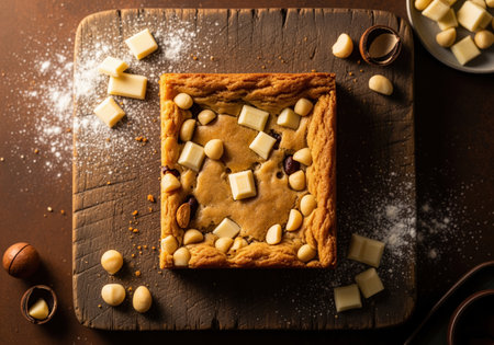 Square golden blondie bar topped with white chocolate chunks and macadamia nuts, presented on a rustic wooden board with powdered sugar, ready for dessert.の素材