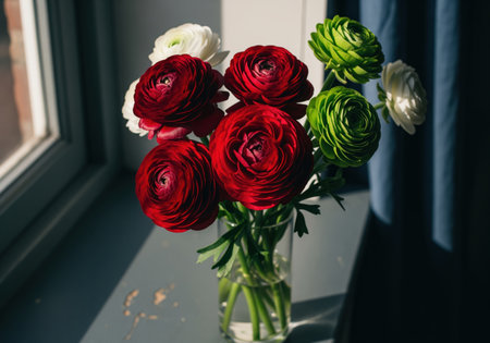 Vibrant ranunculus flowers in shades of burgundy, crimson, white, and green arranged in a clear glass vase on a sunlit windowsill. natural light highlights the intricate petals and fresh green stems.の素材